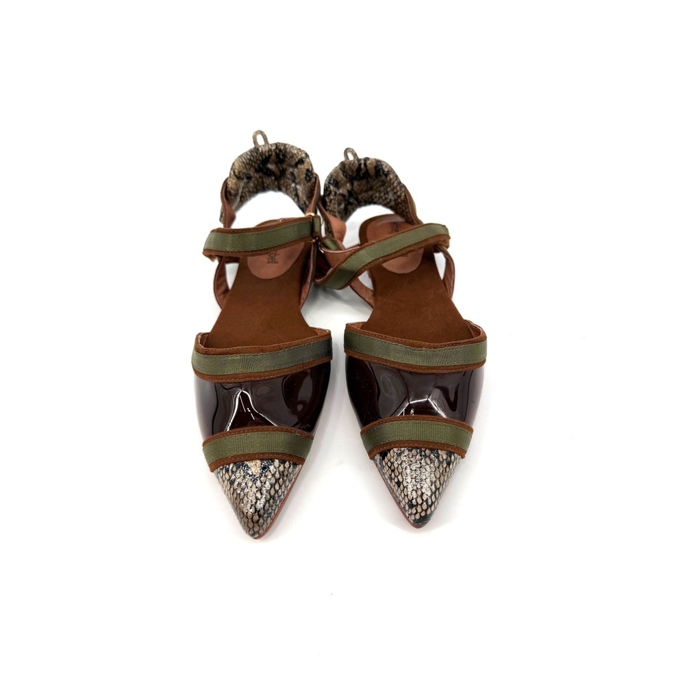 Jeffrey Campbell Olive Green & Brown Pointed Toe Flats with Snakeprint Accents - Picture 2 of 9